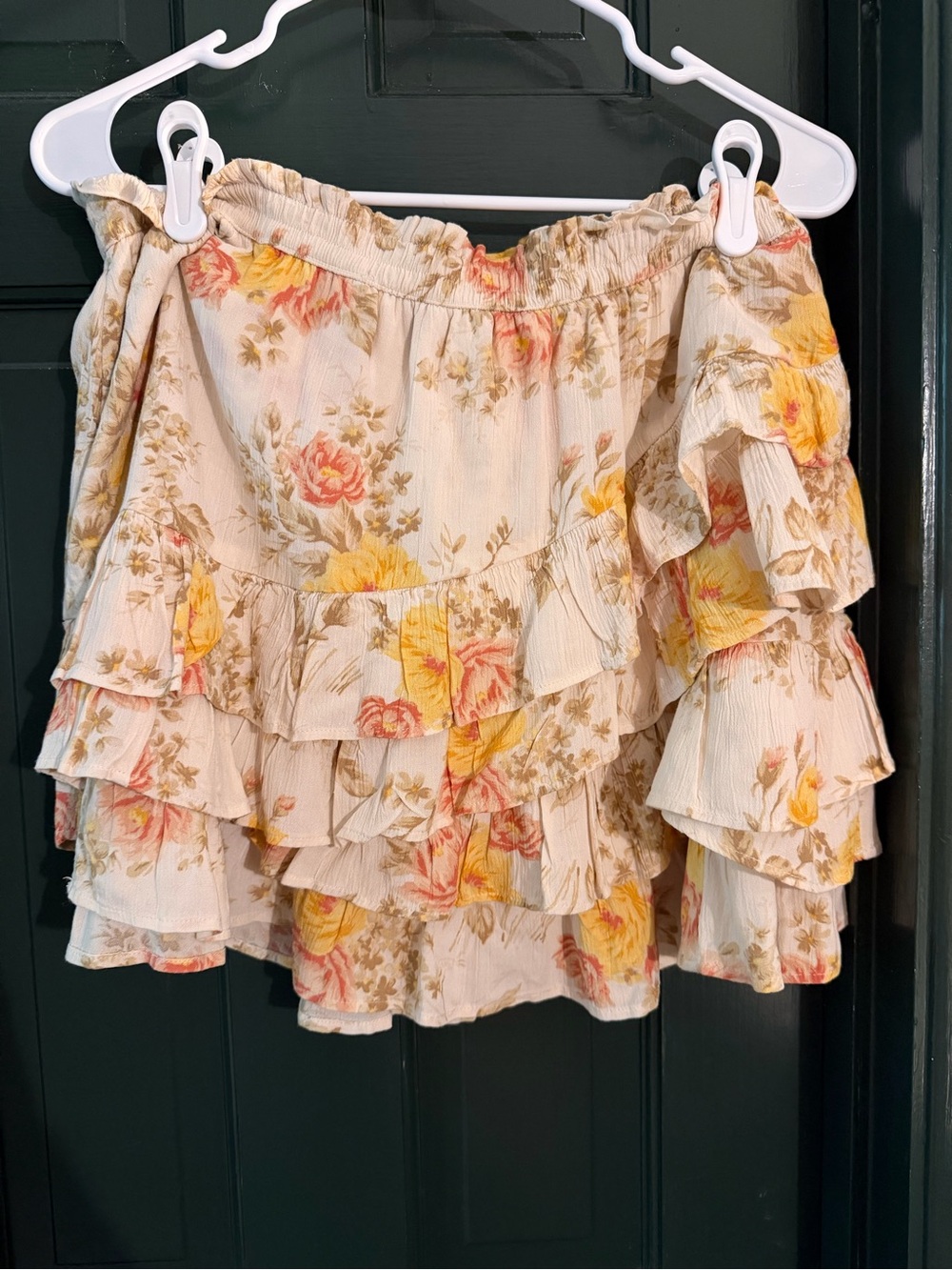 Floral Tiered Ruffle Mini Skirt - Cream with Yellow & Pink Roses